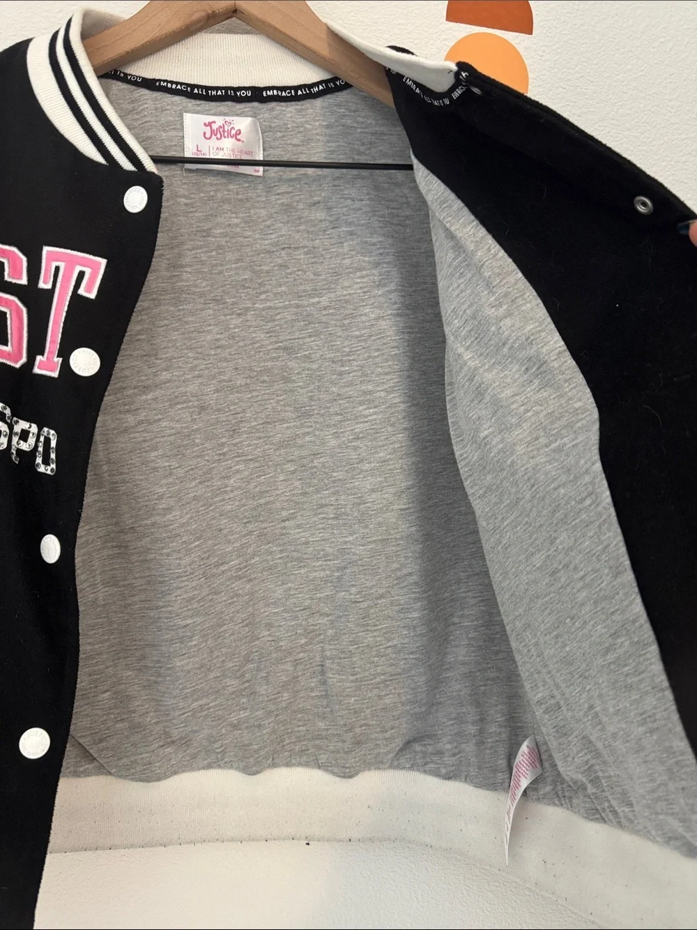 Justice Black & White Varsity Jacket with Pink Lettering N0098